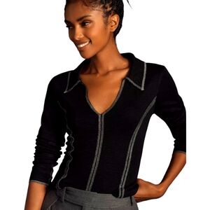 Anthropologie Pilcro Stitched Long Sleeve Top wide collar V neck, black size M